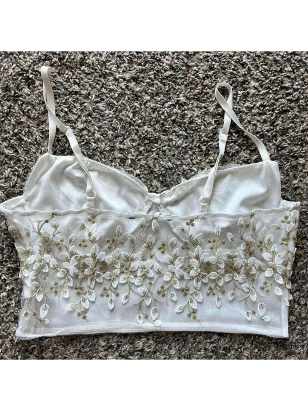 White & Gold Floral Embroidered Babydoll Corset XS/S Crop Top Summer Dainty Chic - Picture 5 of 8